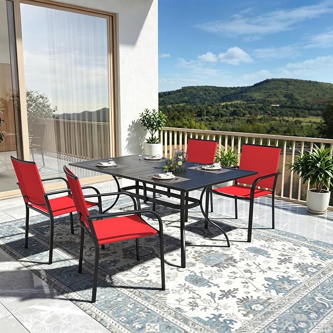 Outdoor Patio Dining Set of 5 with Red Stackable Chairs,63" Rectangle Table | Stackable Chairs, Metal Rectangle Table, Slat Table Top, 4 or 6 Person Use, All Weather, Textilene fabric Seat and Back