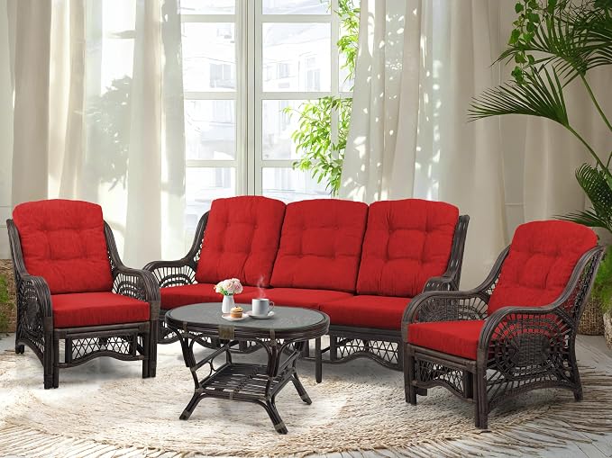 Malibu Lounge Set of 4: 2 Natural Rattan Wicker Chairs, Three-Seater Sofa with Cushions and Coffee Table with Glass Handmade, Dark Brown Color