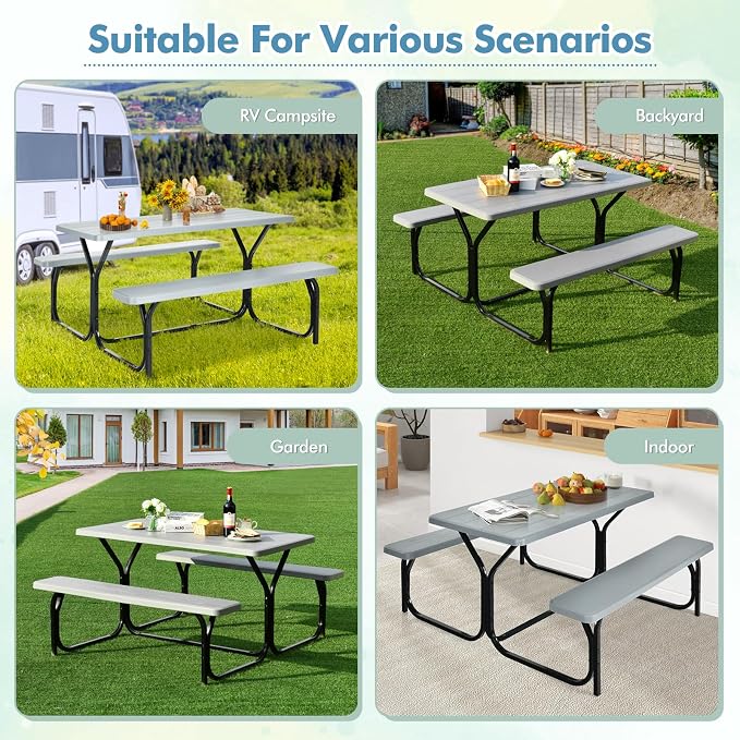 ORALNER Picnic Table, Resin Dining Table & 2 Benches Set, Weather Resistant Wood Grain Plastic Tabletop & Steel Frame, Picnic Tables for Outdoors, Porch Yard Patio Lawn Party Camping (Grey)