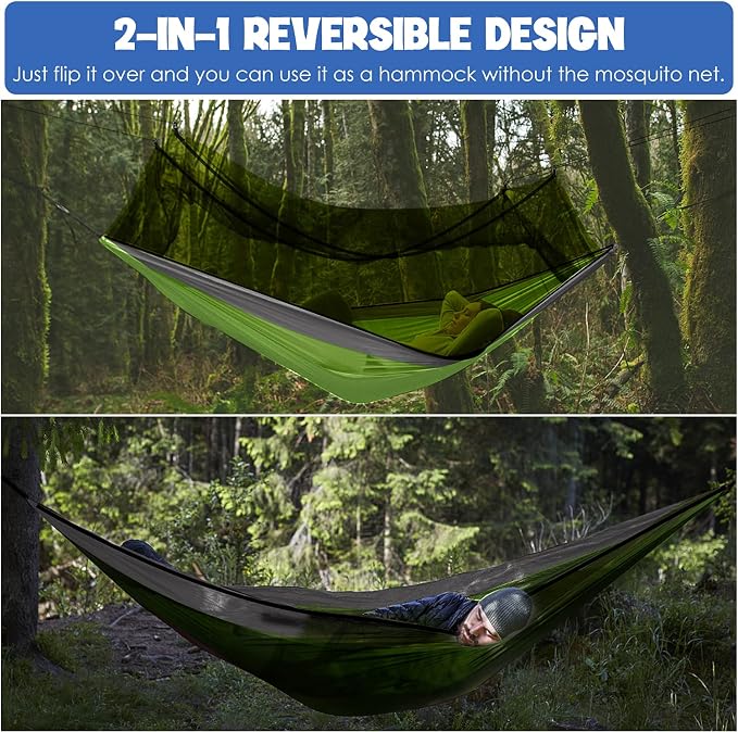 Gold Armour Camping Hammock - Camping Essentials, Double Hammock with Bug Net, Camping Gear Hammock for Outside, Hiking, and Travel (Lime Green & Gray)