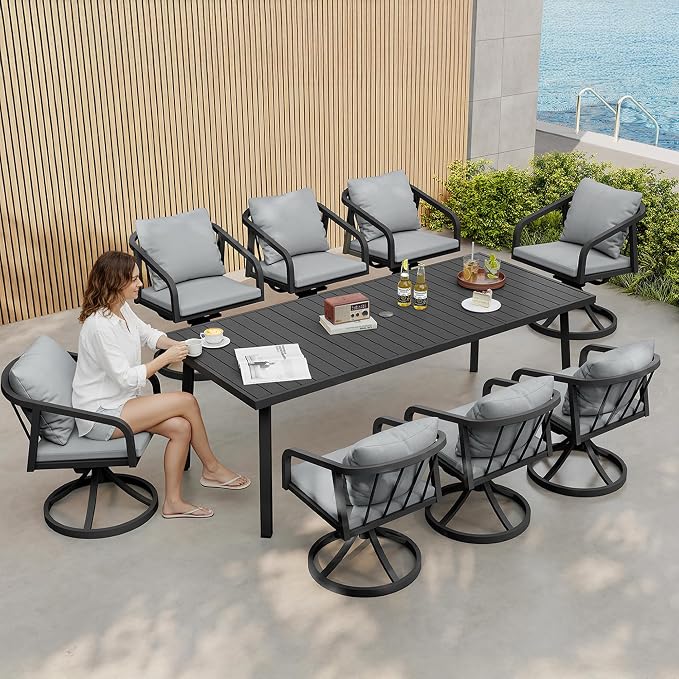 82"×35" Never-Rust Aluminum Outdoor Dining Table – Rectangular Patio Table for 8 Person with Umbrella Hole, Heavy Duty All-Weather for Poolside, Garden, Backyard, Porch, Deck, Black