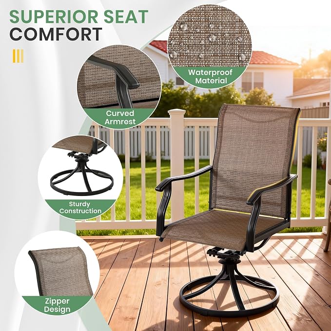 LVUYOYO 7-Piece Outdoor Patio Dining Set, Textilene Swivel Dining Chairs & Rectangular Table Set, All-Weather Table and Chairs Set with Umbrella Hole for Backyard, Garden,Balcony,Porch (Brown)