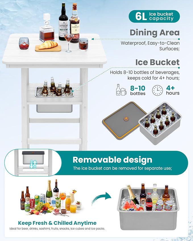 SERWALL Adirondack Bar Chairs and Table 8 Pieces Set, HDPE Bar Height Chairs Set of 2 and Bar Table with Ice Bucket, Outdoor Bar Stools Set for Dining, Balcony, Poolside, Backyard, White