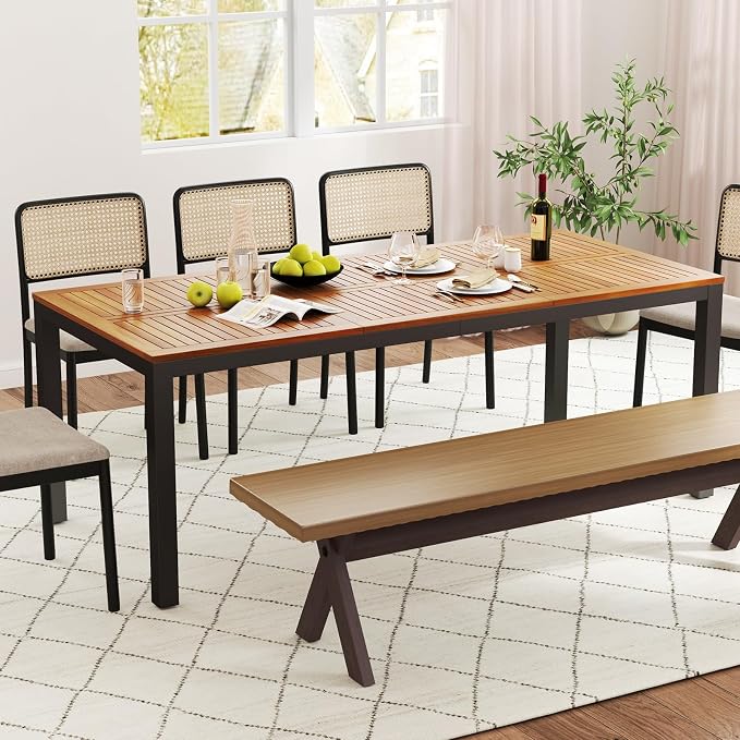 HAPPYGRILL Patio Dining Table for 8, 79" Large Rectangle Table with Acacia Wood Tabletop & Heavy Duty Metal Frame, Outdoor Dining Table with 2" Umbrella Hole for Backyard, Lawn & Garden