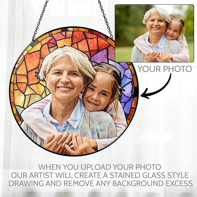 Custom Photo Stained Glass Window Hanging Suncatcher, Personalized Portrait Photo Style Family Picture Gift for Grandpa/Grandfather/Dad/Father, Custom Father's Day Birthday Decor