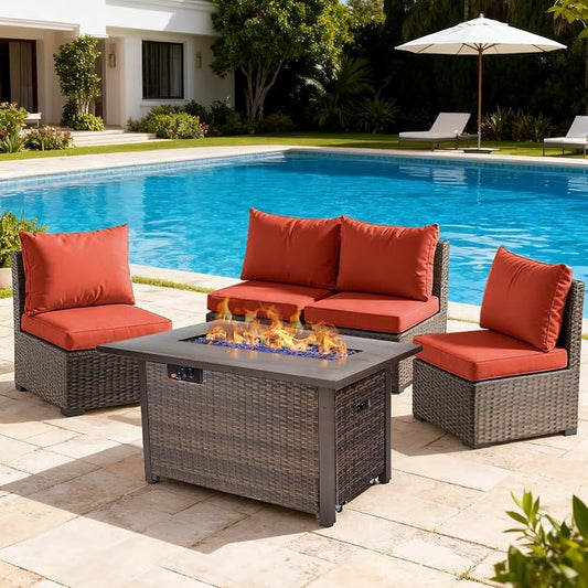 5 Pieces Patio Furniture Set with 42" Fire Pit Table, Outdoor Patio Sectional Sofa, Wicker Rattan Conversation Set, Red