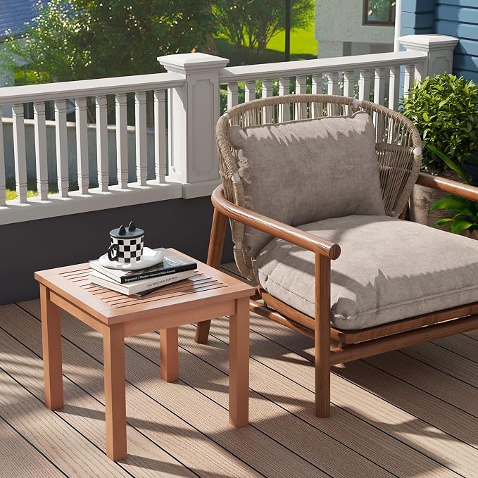 HAPPYGRILL Outdoor Side Table Set, Eucalyptus Wood Square End Table, Wood Patio Table with Slatted Tabletop for Backyard Poolside Porch