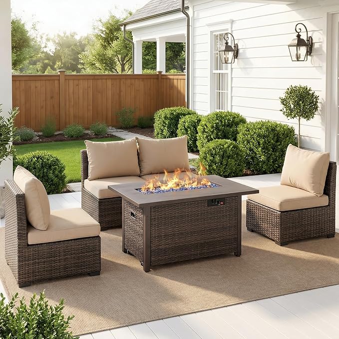 5 Pieces Patio Furniture Set with Fire Pit Table, Outdoor PE Rattan Sectional Sofa with Soft Cushions for Backyard, Porch, and Poolside (Beige, 5 PCS w/Firepit)