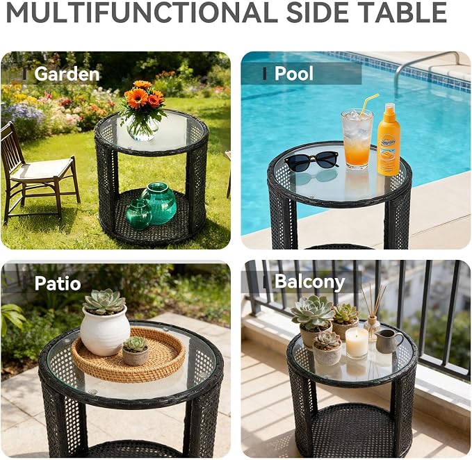 Kinfant Round Outdoor Wicker Coffee Table – Patio Side Table with Tempered Glass Top, Ottoman Style End Table for Balcony, Porch, Deck, Garden, Weather-Resistant Rattan, Easy Assembly, Black