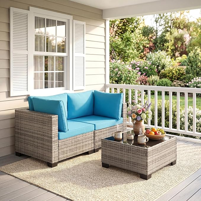ANJ 3 Piece Outdoor Wicker Patio Furniture Set, Modular Loveseat Sofa with with Glass Top Coffee Table, All-Weather Rattan Conversation Couch Set for Balcony, Backyard, Light Grey Wicker-Turquoise