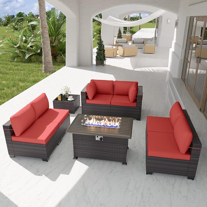 Kurapika 8 Pieces Patio Furniture Set, Rattan Wicker Outdoor Conversation Sets w/43in Propane Fire Pit Table and 4 Inch Cushion(Red)