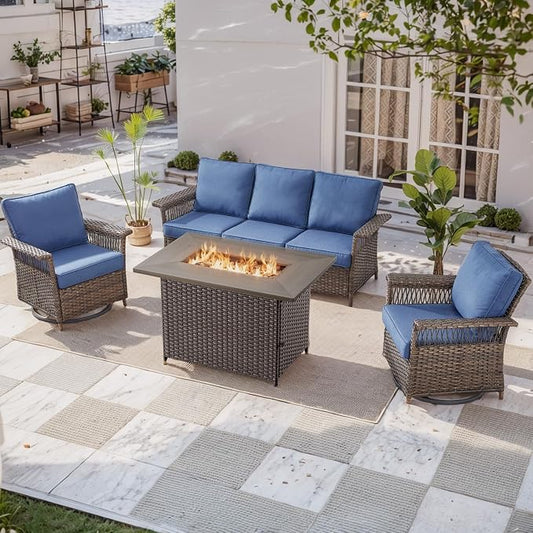 Patio Furniture Set with Fire Pit Table, 4PCS Patio Conversation Set Brown Resin Wicker Swivel Patio Chair and Sofa with 41in Rectangular Fire Table PE Rattan Patio Furniture Set