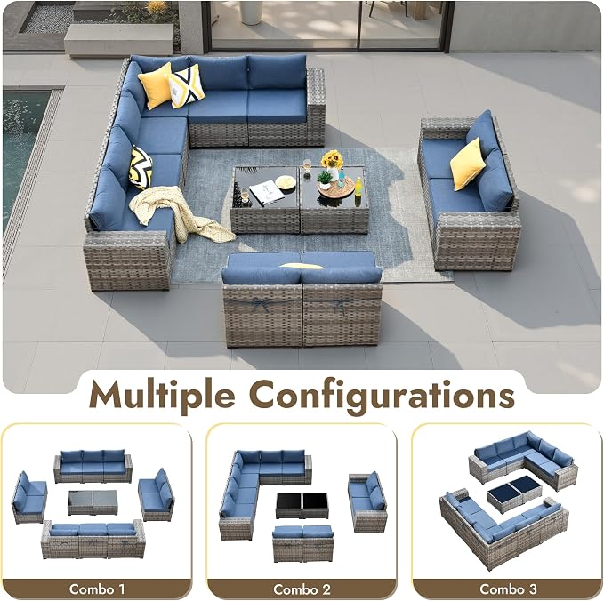 12 Pieces Patio Furniture Set, Wicker Outdoor Sectional Sofa with Coffee Table Comfy Cushions, Modern Modular Deep Seat Rattan Couch Conversation Set for Backyard Porch Yard,Denim Blue