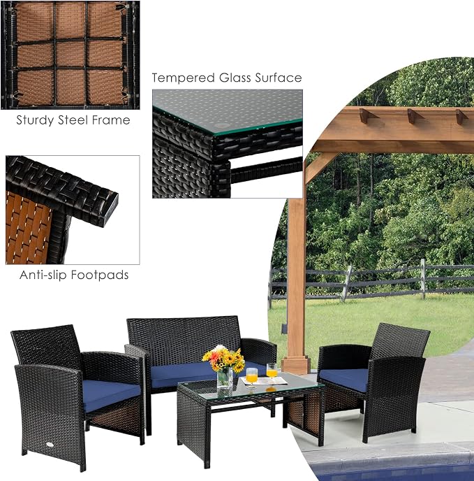 Tangkula 8 Pieces Rattan Furniture Set, Outdoor Conversation Set w/Chair & Loveseat & Tempered Glass Coffee Table, Suitable for Garden, Backyard, Poolside, Patio Furniture Set for 8 (2, Blue)