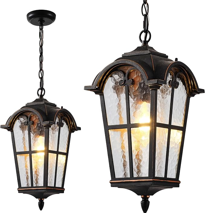 VIANIS 18.7" Large Outdoor Pendant Light, Vintage ORB Outside Chandelier with Ripple Glass, Anti-Rust Pendant Lights for Porch, Doorway, Entryway, Adjustable Length Hanging Lighting, Hardwired