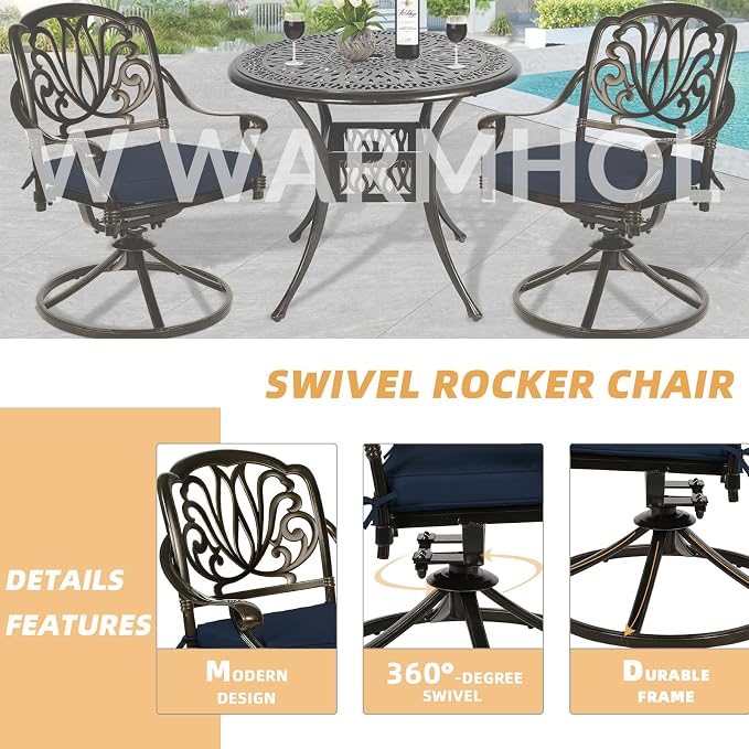 3-Piece Outdoor Patio Dining Set, All-Weather Cast Aluminum Patio Furniture Set for Backyard Garden Deck with 2 Swivel Cushioned Chairs and 35.4” Round Table, 2" Umbrella Hole, Navy Blue