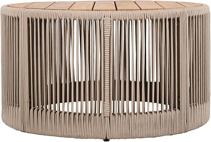 Round Outdoor Coffee Table, Acacia Wood & Rattan Rope Patio Side Table, Weather Resistant Natural Iron Frame Accent Table, 26 Inch Rustic Furniture for Garden Yard Balcony Porch