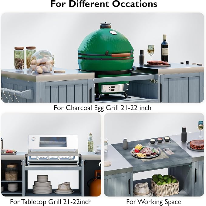 66.5" Large Outdoor Kitchen Island for Big Green Egg Grill, Outdoor Patio Bar Table with Stainless Steel Top and Adjustable Shelf, Rolling Grill Table Cart for Outside, Kitchen, BBQ, Grey Blue