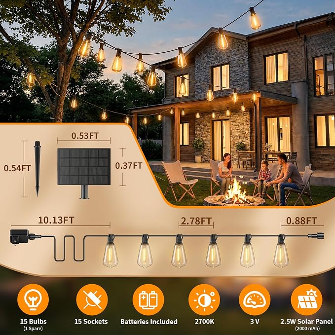Hotsonic Solar Outdoor String Lights Waterproof, 50FT Remote Control LED Outside Lights with Shatterproof Bulbs, Dimmable Hanging Lights for Patio Porch Garden pergola Yard House Bistro Party decors ﻿