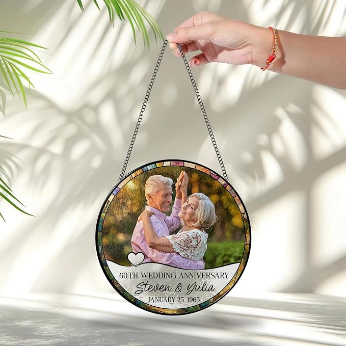 Personalized Wedding Anniversary Photo Stained Glass Window Hanging Suncatcher - Heartfelt Gift for Parents, Grandparents, Old Couple - Custom Message, Name, Date (Wedding Anniversary)