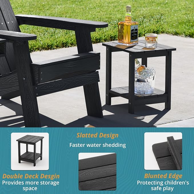 LUE BONA Adirondack Outdoor Side Table, 2-Tier Black HDPS Patio End Table Weather Resistant, Morden Side Table for Patio, Pool, Porch