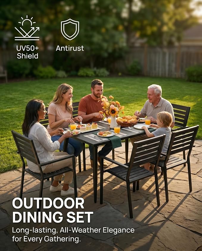 7 Piece Outdoor Dining Set All Weather Patio Dining Set with HDPE Wood-Like Tabletop, Rustproof Metal Outdoor Table and Chairs with 6 Stackable Chairs for Garden Backyard, Black