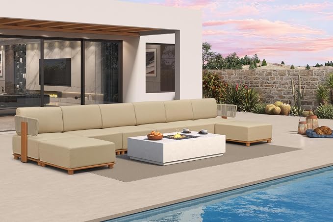 PURPLE LEAF Patio Furniture Set Modular U-Shaped Outdoor Sectional Sofa with 11" Thick Olefin Cushion 8-Piece Outdoor Conversation Set w/Ottomans & Coffee Lights for Backyard Garden Poolside, Beige
