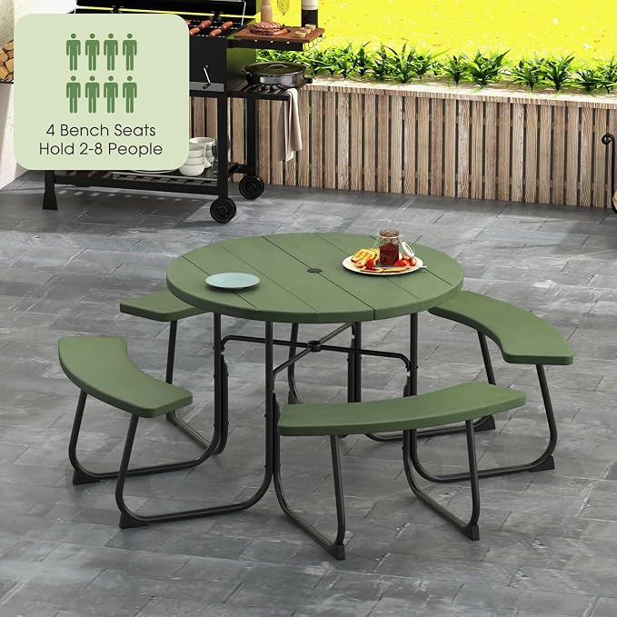 Giantex Picnic Table Set for Up to 8 Persons, Round Outdoor Table and Bench Set with Umbrella Hole, HDPE Top & Metal Frame, 2000LBS Capacity, Patio Table Bench for Deck Backyard Garden (Green)