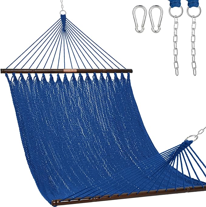 Lazy Daze Hammocks 10.5 FT Double 2 Person Caribbean Rope Hammock, Hand Woven Polyester Hammock with Spreader Bars, for Outside Outdoor Backyard Patio Poolside, 450 LBS Capacity, Blue