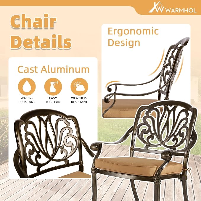 9-Piece Patio Furniture Dining Set, All Weather Cast Aluminum Outdoor Conversation Set- 61" Round Patio Dining Table with Detachable Lazy Susan & 8 Cushioned Chairs, Umbrella Hole, Khaki