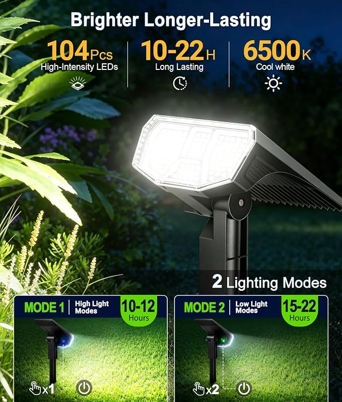 LETMY 6 Pack Solar Spot Lights Outdoor, 104 LED Solar Spotlights, IP65 Waterproof Solar Powered Outdoor Lights, Auto On/Off, Solar Lights Outdoor for Yard, Garden, Patio, Wall, Tree & Flag, Cool White