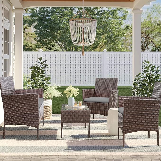 Homall 4 Pieces Outdoor Patio Furniture Sets Rattan Chair Wicker Set, Outdoor Indoor Use Backyard Porch Garden Poolside Balcony Furniture Sets (Grey)