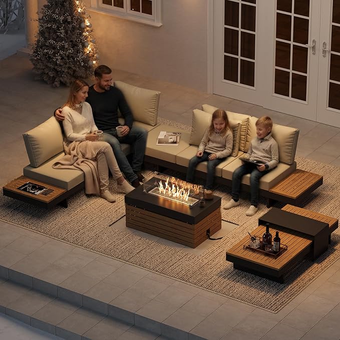 homary Patio Conversation Sets with Fire Pit, Modular Outdoor Sofa Aluminum & Teak Outdoor Sectional with Glass Wind Guard Ideal for Patios & Balconies, 6 Pepole, Beige