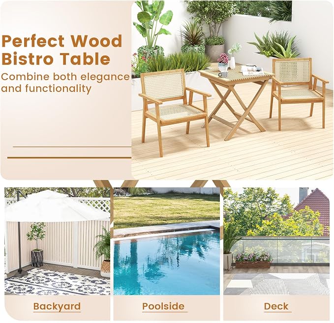 Tangkula 27.5 Inch Teak Wood Patio Dining Table, Square Outdoor Bistro Table with Slatted Tabletop, Sturdy Wood Frame & Thickened Top, Teak Outside Dining Table for Balcony, Deck, Porch, Backyard