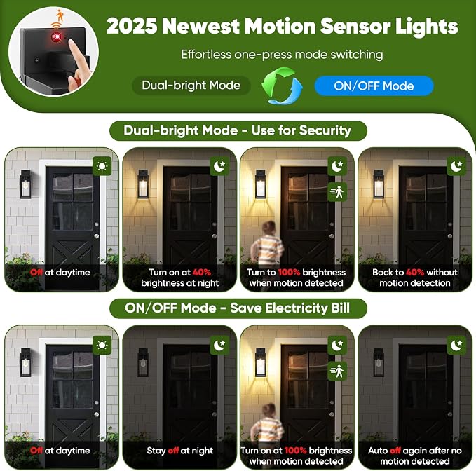 2-Pack 15” Upgraded Motion Sensor Outdoor Wall Lights, Black | Auto ON/OFF, 3 Lighting Modes, Waterproof, Rust-Resistant, Durable Metal & Clear Glass, Standard E26 Sockets, Easy to Install