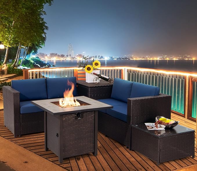 COSTWAY 5 Piece Patio Furniture Set with 30'' Fire Pit Table, Outdoor Wicker Rattan Loveseat Sofa with 4'' Thickened Cushions, 2 Side Tables, Sectional Conversation Set for Backyard (Navy)