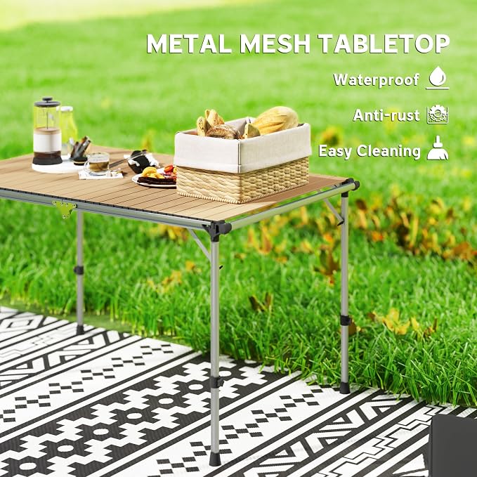 Outsunny Folding Camping Table, Adjustable Height Aluminum Table, Portable Camping Table for Picnic, Beach, BBQ, Light Brown