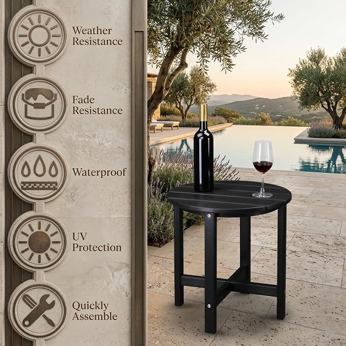 Outdoor Side Table, 18" HDPE Round Patio End Table, Weather Resistant Small Outside Table for Adirondack Chairs, Garden, Porch, Poolside, Deck and Living Room, Wood-Like Texture, Black (Style A)