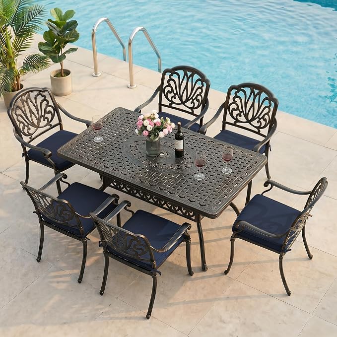 VIVIJASON 7-Piece Outdoor Furniture Dining Set, All-Weather Cast Aluminum Patio Conversation Set, Include 6 Cushioned Chairs and a Rectangle Table with Umbrella Hole, Navy Blue Cushion