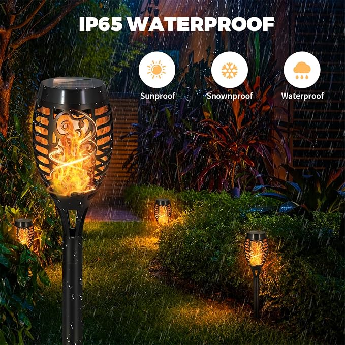 8 Pack Solar Lights Outdoor, Warm White Flickering Flame Torches | Warm White Flickering Flame, Long Nighttime Glow, Auto-On at Dusk, IP65 Weather-Resistant, Tool-Free Ground Setup