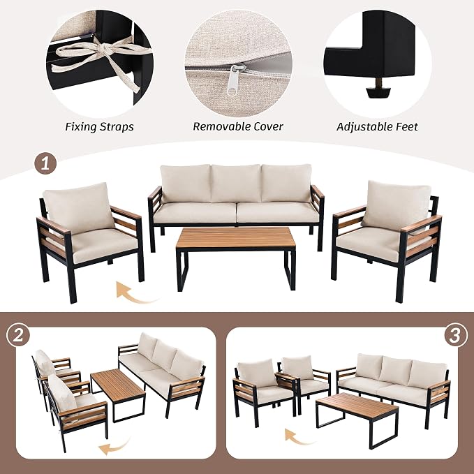 4-Piece Outdoor Furniture Sofa Set for 5 People with Acacia Wood Armrests, Patio Conversation Set with Removable Cushion and Solid Wood Coffee Table for Garden (Beige#46)