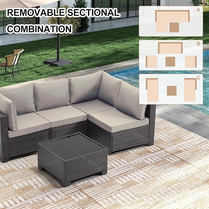 CANMOV 5 Pieces Patio Furniture Sets, All Weather Outdoor Patio Conversation Set, PE Wicker Rattan Sectional Sofa Couch with Glass Coffee Table and Washable Cushions for Backyard Garden, Porch, Khaki