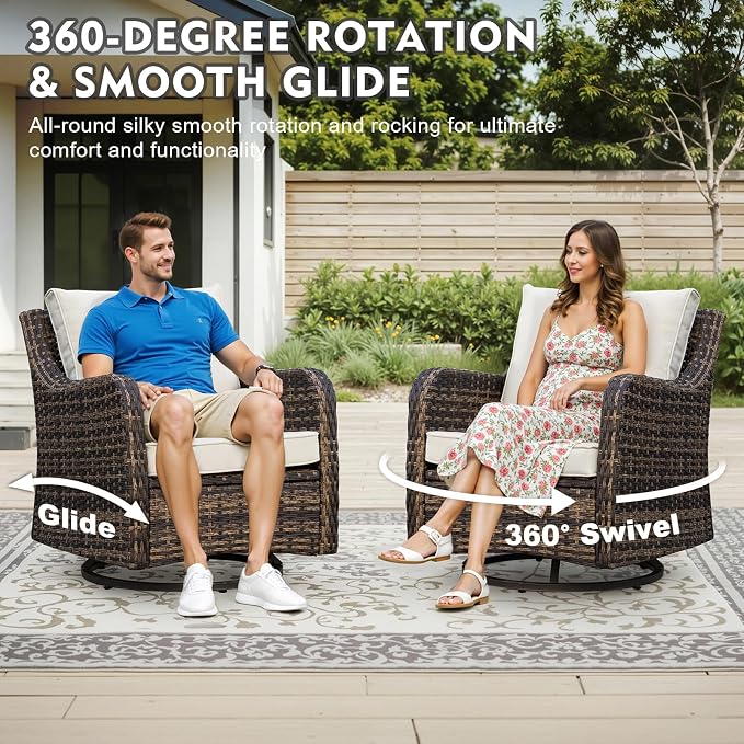 MEISSALIVVE 8 Pieces Patio Furniture Set with Swivel Chair, Wicker Patio Sofa, Rattan Conversation Set with Three-seat Sofa, 2 Fixed Single Chair for Lawn Backyard (Brown)