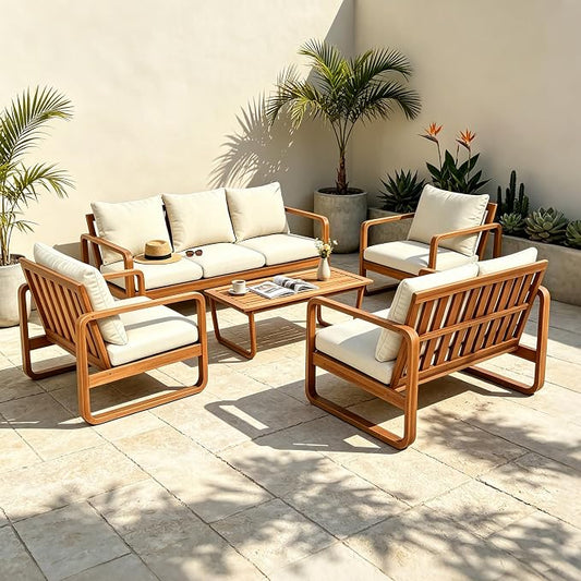 Christopher Knight Home Myra Acacia Wood 5 Piece Outdoor Patio Furniture Set, Wooden Patio Conversation Set with Sofa Loveseat Club Chairs & Coffee Table, 7-Seater Patio Sofas and Table Set,Teak+Beige