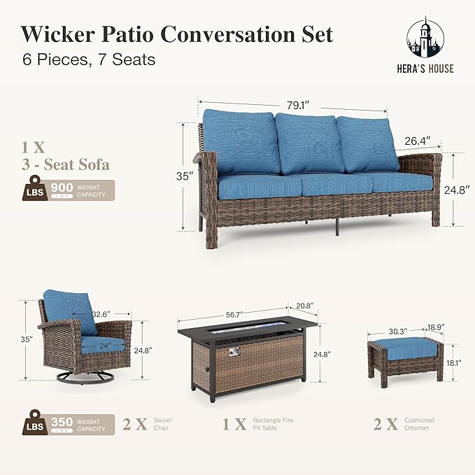 HERA'S HOUSE Wicker Patio Furniture Set, High Back Swivel Chairs with 5.5" Thick Cushions, 6-Piece Outdoor Seating Conversation Sets with Fire Pit Table & Ottomans for Deck Yard Garden, Blue