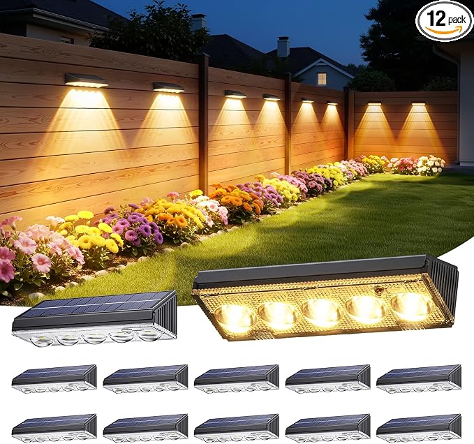 KOOPER Solar Fence Lights Outdoor Waterproof, 12 Pack Warm White & 9 Fixed Colors & Color Changing Fence Lights Solar Powered, Solar Lights Outdoor Fence for Outside Backyard Railing Patio Wall Deck