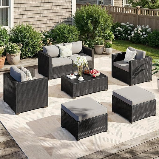 LazySunsets 6-Piece Outdoor Patio Furniture Set, Rattan Outdoor Sectional with Thick Waterproof Cushions, Wicker Ottomans & Waterproof Cover, Patio Conversation Set for Garden, Backyard, Grey