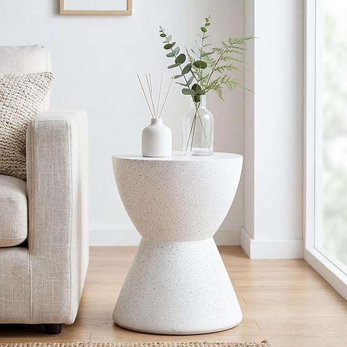 SUNBURY Outdoor Side Table Concrete, 19" H Outdoor End Tables Geometric Hourglass Shaped, Lightweight Round Accent Table, Decorative Modern Garden Stool for Patio, Backyard, Spotted White