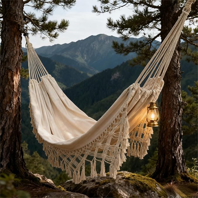Goutime Double Hammock, Macrame Boho Cotton Hammock with Hanging Ropes, Portable for Camping Patio Backyard Indoor Outdoor,485LBS Capacity (Beige)
