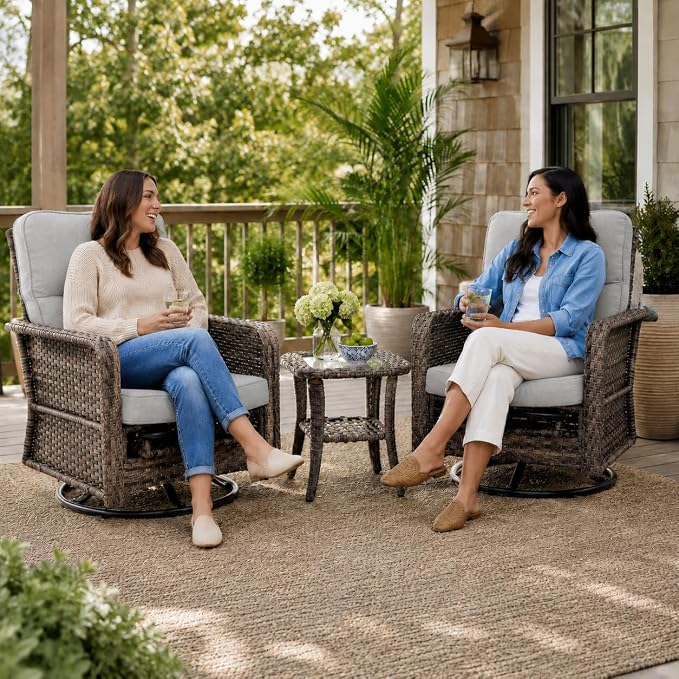 Yechen 3 Piece Outdoor Patio Wicker Chairs with Footrest and Adjustable Backrest, Furniture Set with 2 Swivel Chairs and Side Table, Thickened Seat Cushions for Porch Deck Backyard, Cool Greige
